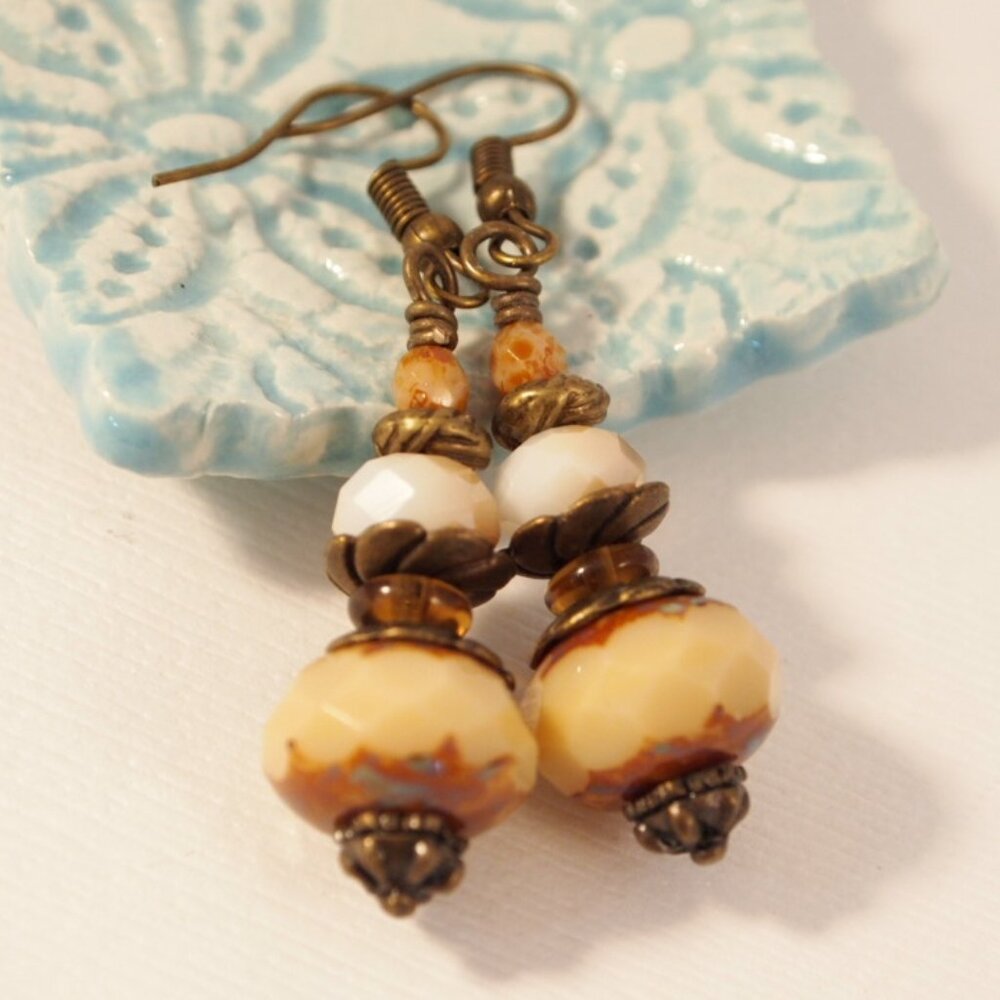 Chunky Earthy Boho Czech Glass Earrings Cream Drop Pierced or Clip-on Earrings
